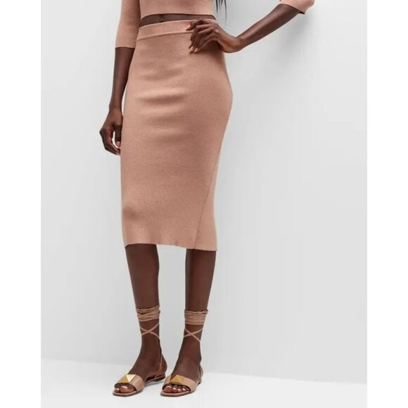 NWT $245 LE SUPERBE Knit Pick Skirt Sz S Nude Shine Metallic Gold Sparkle Midi - Picture 1 of 5